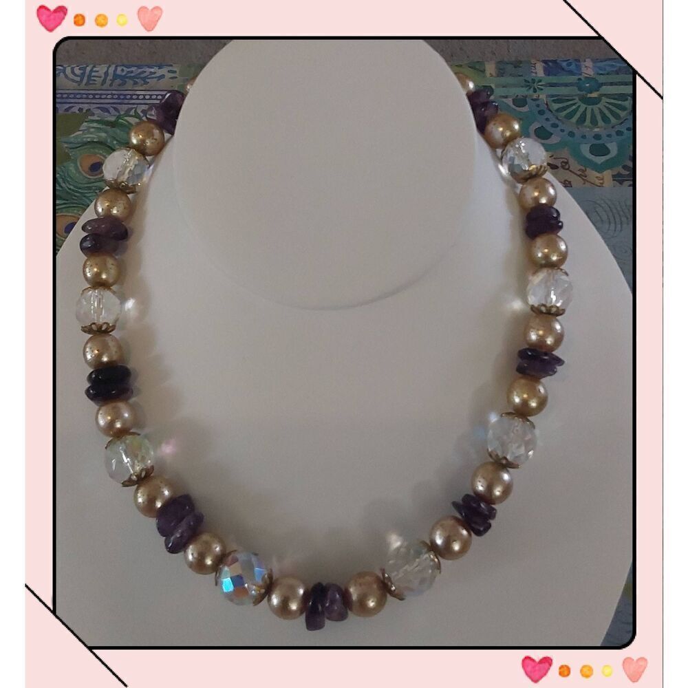 Gorgeous Vintage Faceted Crystal Bead~Genuine Amethyst Gems~Gold Bead Necklace